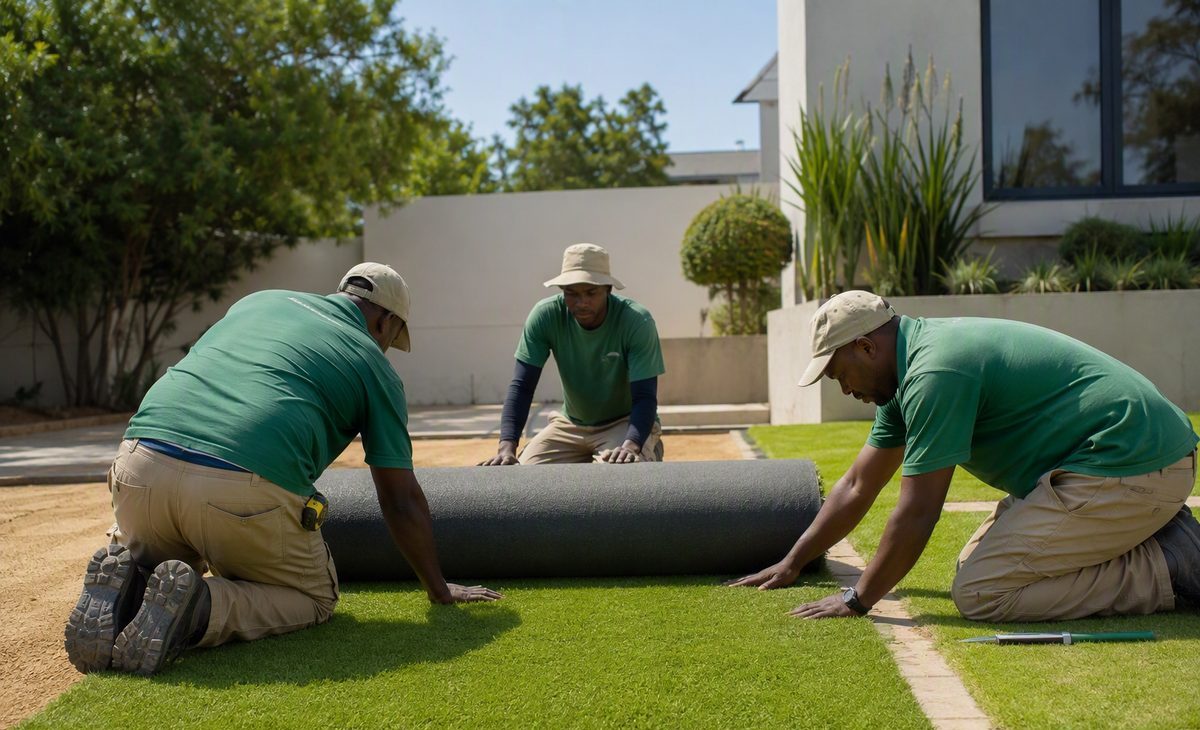 Professional team installing SynGrass artificial grass