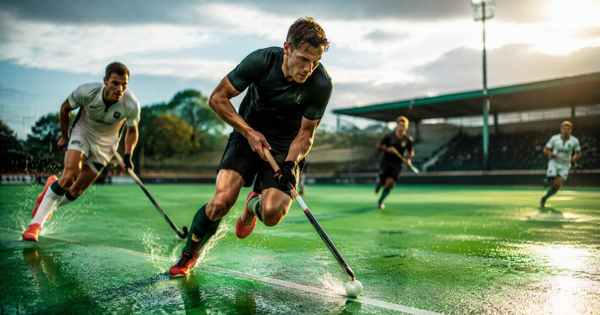 Hockey players on SynGrass wet hockey synthetic turf pitch
