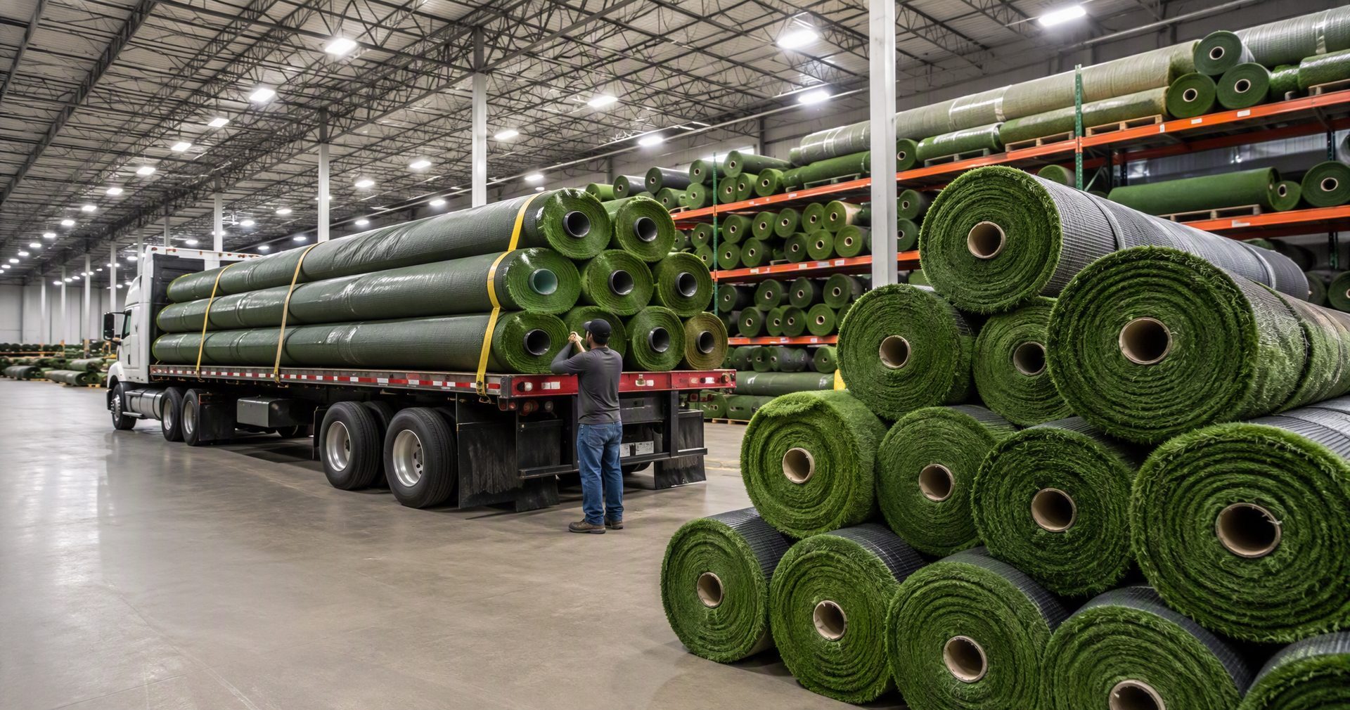 Rolls of artificial grass turf in the Syngrass wholesale warehouse